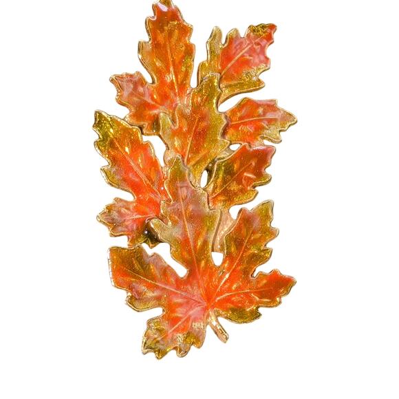 Vintage Kenneth Cole Signed KC Orange Green Enamel Gold Tone Maple Leaf Brooch - Picture 2 of 6